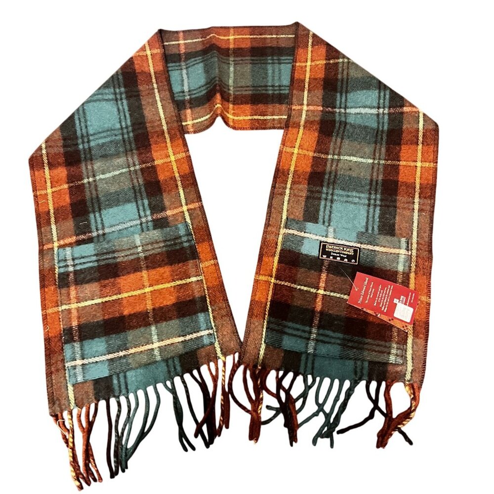 Patrick King Wool Pocket Scarf Plaid Design With Fringe Trim Brown Teal scotish‎